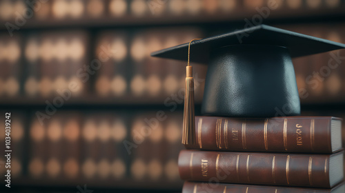 Graduation cap resting on a stack of law books, with a blurred background of bookshelves filled with legal texts, symbolizing academic achievement. photo