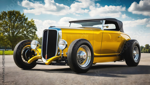Beautiful yellow unique vintage hot rod car, automotive background, tuning template, 	