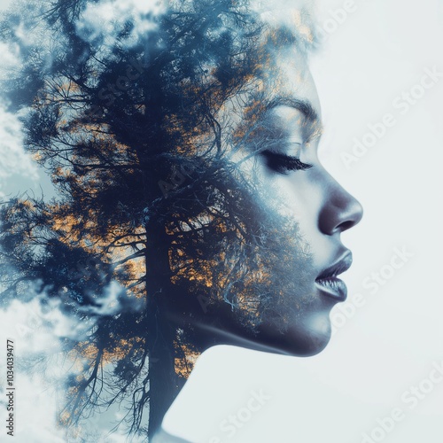 A creative double exposure merging a woman's profile with a forest, highlighting introspection and nature's beauty.