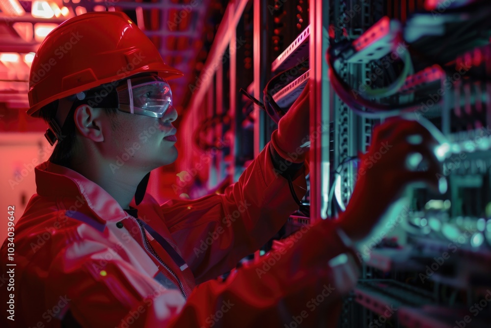 A technician in a hard hat and safety glasses works on a server, keeping IT infrastructure running smoothly A technician in a hard hat and safety glasses works on a server, keeping IT infrastructure running smoothly