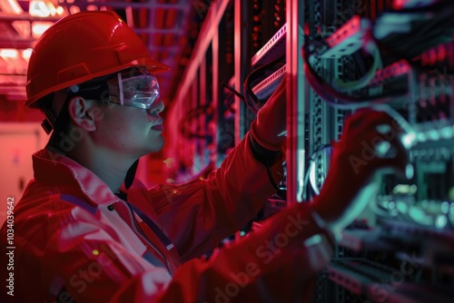 A technician in a hard hat and safety glasses works on a server, keeping IT infrastructure running smoothly photo