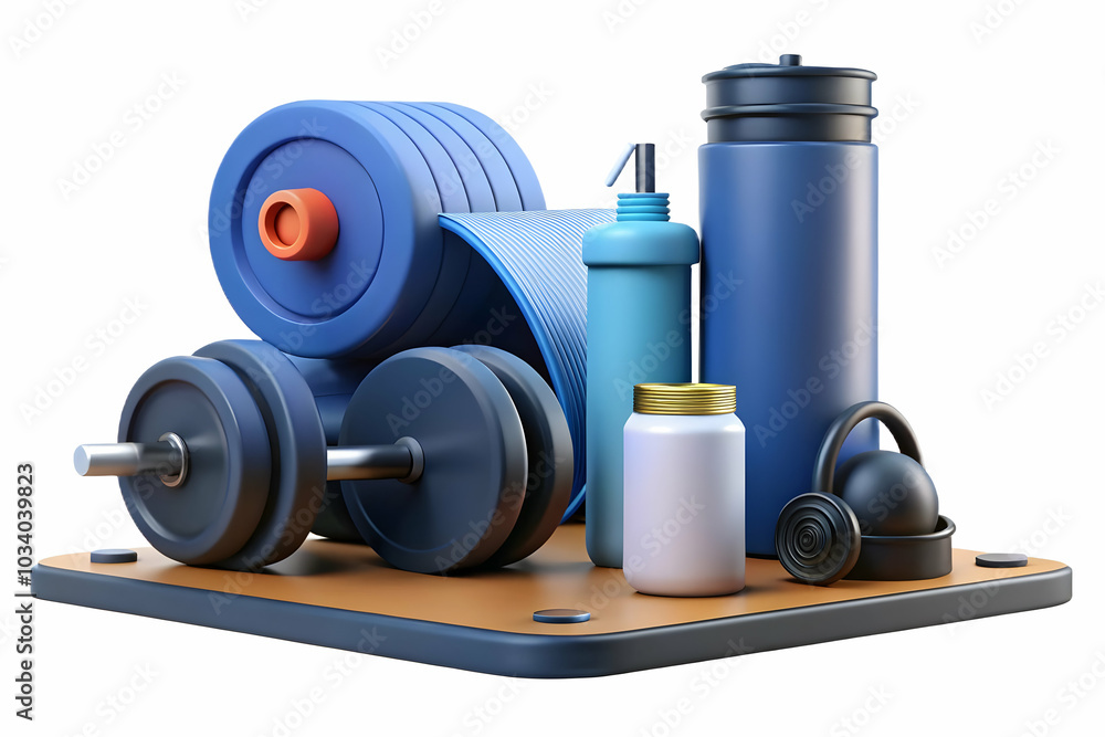 Fitness Gym Setup with Dumbbells, Yoga Mat, and Water Bottle on Plain Background - Perfect Photo for Gym Corner Concepts and Copy Space Use Fitness Gym Setup with Dumbbells, Yoga Mat, and Water Bottle on Plain Background - Perfect Photo for Gym Corner Concepts and Copy Space Use