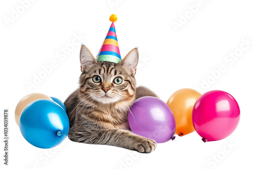 Happy smiling cat on a festive background with balloons photo