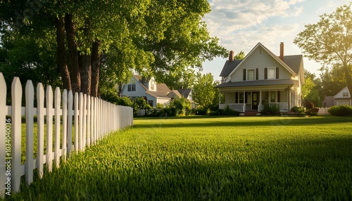 White picket fence in front of a suburban home with lush green grass lawn. photo