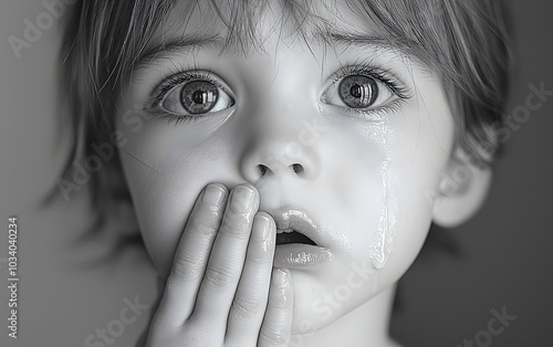 Emotional portrait of a tearful child with expressive eyes in black and white