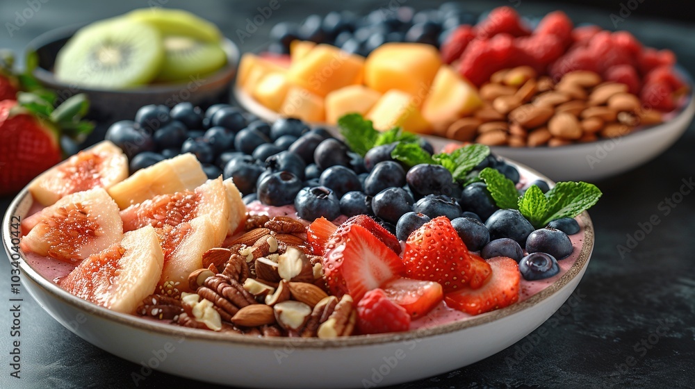 A vibrant smoothie bowl topped with fresh fruits, nuts, and mint for a healthy breakfast.
