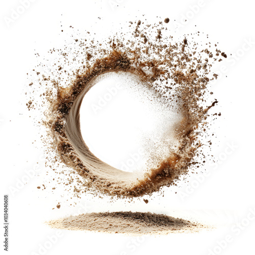 A dynamic circular splash of sand, captured in motion and set against a bright white backdrop. photo