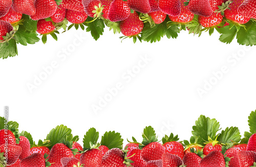 Top and bottom border of strawberries on transparent, PNG or white background. Fresh strawberry fruit. For food packages.	