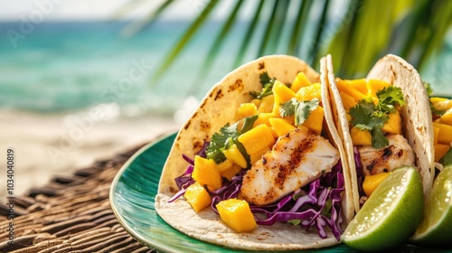 Fresh Grilled Fish Taco with Mango Salsa by the Beach - Perfect for Summer Dining and Food Photography photo