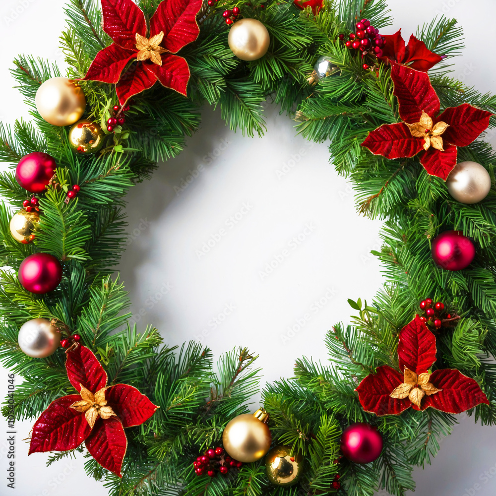 Traditional Christmas wreath with red poinsettia flowers and festive ornaments, close-up Traditional Christmas wreath with red poinsettia flowers and festive ornaments, close-up