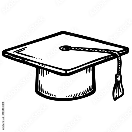 A graduation cap with a tassel on it. The cap is white and has a black border