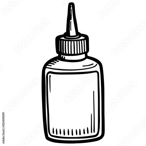 A bottle of glue is shown in a black and white drawing. The bottle is empty and has a white label