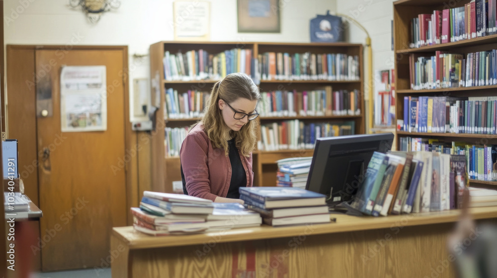 Organizing books at a library desk during a quiet afternoon in a cozy reading nook Organizing books at a library desk during a quiet afternoon in a cozy reading nook