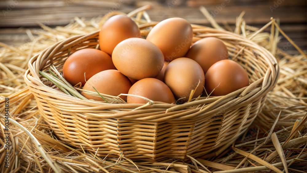 Basket of fresh brown eggs resting on hay in a rustic farm setting Basket of fresh brown eggs resting on hay in a rustic farm setting