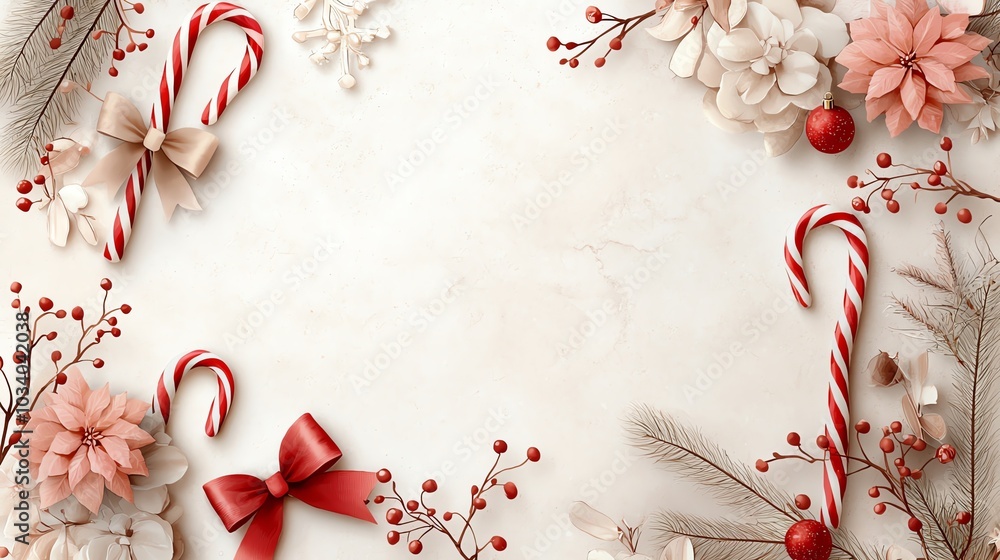 Watercolor candy canes and tiny red bows, handdrawn in minimalist style, soft winter colors, light beige background, seamless pattern Watercolor candy canes and tiny red bows, handdrawn in minimalist style, soft winter colors, light beige background, seamless pattern
