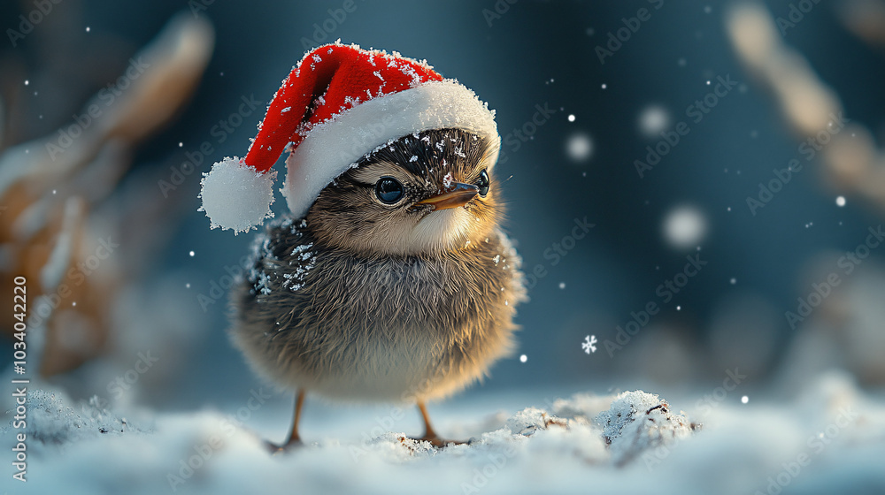 Fototapeta premium Cute kiwi bird wearing red Santa hat on a snowy surface in a serene winter scene, evoking a whimsical holiday atmosphere.