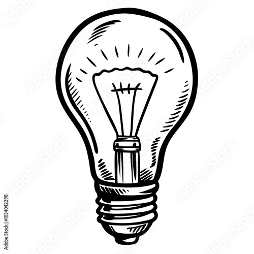 A light bulb is drawn in a sketchy style. The light bulb is lit up and the sketch is in black and white