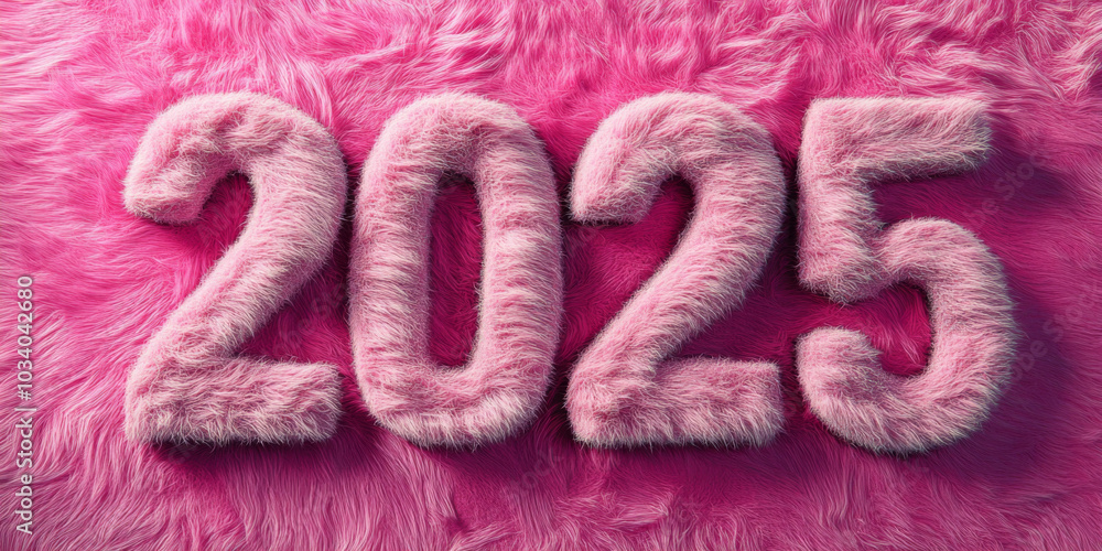 New Year 2025 written on fluffy pink fur background New Year 2025 written on fluffy pink fur background