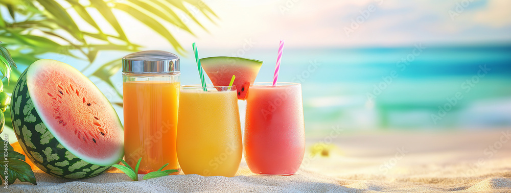 Fototapeta premium Tropical fruit juice drinks with a piece of watermelon, a sunglass in summer beach. cocktail, holiday, relaxation, beverage concepts.