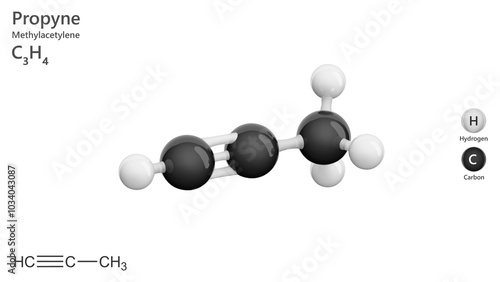 Propyne or methylacetylene, is a flammable gas with a sweet odor. It is an alkyne used in organic synthesis and as a fuel in welding applications. Molecular formula: C3H4. White back. 3d illustration photo