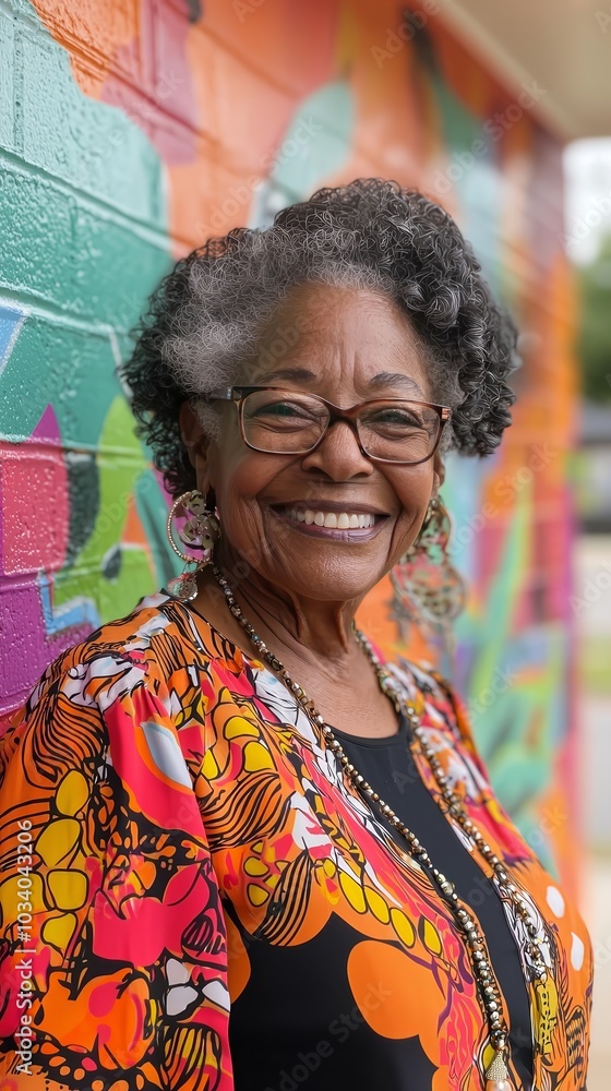Portrait of smiling elderly woman standing in front of colorful mural, joyful expression, vibrant urban art background, happy senior woman with bright clothing and expressive personality Portrait of smiling elderly woman standing in front of colorful mural, joyful expression, vibrant urban art background, happy senior woman with bright clothing and expressive personality