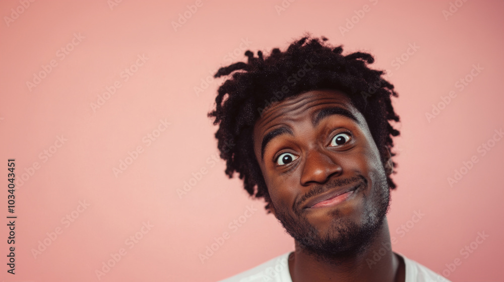 A young man with a confused smile standing in front of a soft pink wall while engaging in a lighthearted moment A young man with a confused smile standing in front of a soft pink wall while engaging in a lighthearted moment