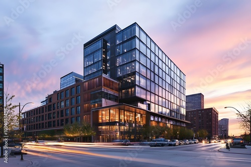 Modern Office Building with Glass Facade at Sunset