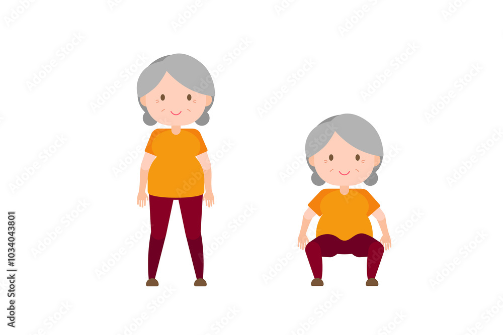 Illustration old woman exercise - Wall Armrest and Squat Illustration old woman exercise - Wall Armrest and Squat