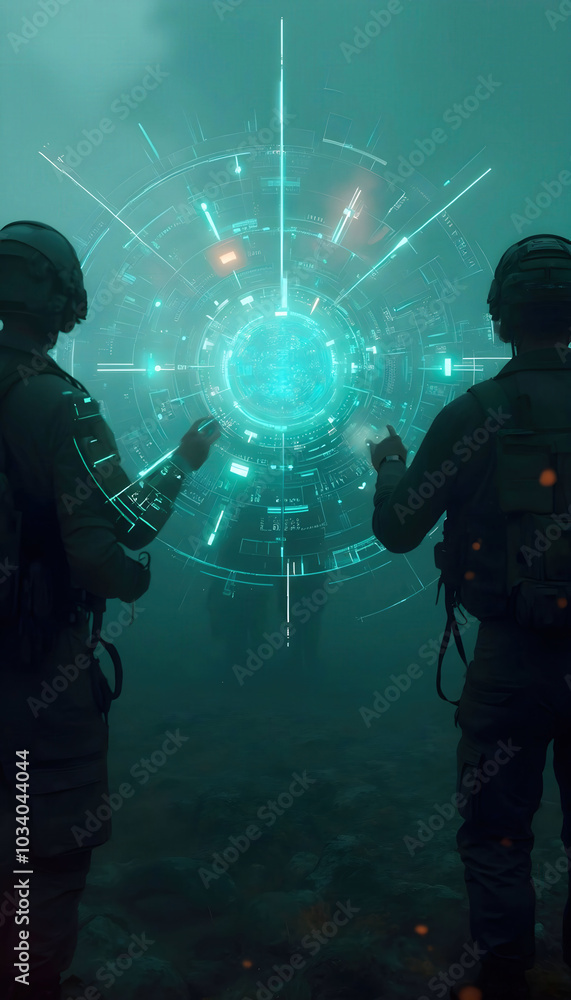 Fototapeta premium Encrypted military communications interface showing a futuristic computer screen with secure data transmission visuals, ideal for cybersecurity, tech, and defense themes