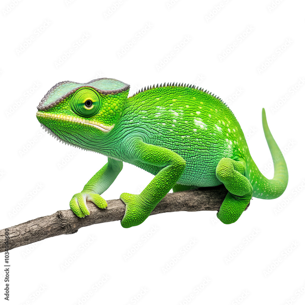 Green chameleon perched on a branch, isolated on white background. Green chameleon perched on a branch, isolated on white background.
