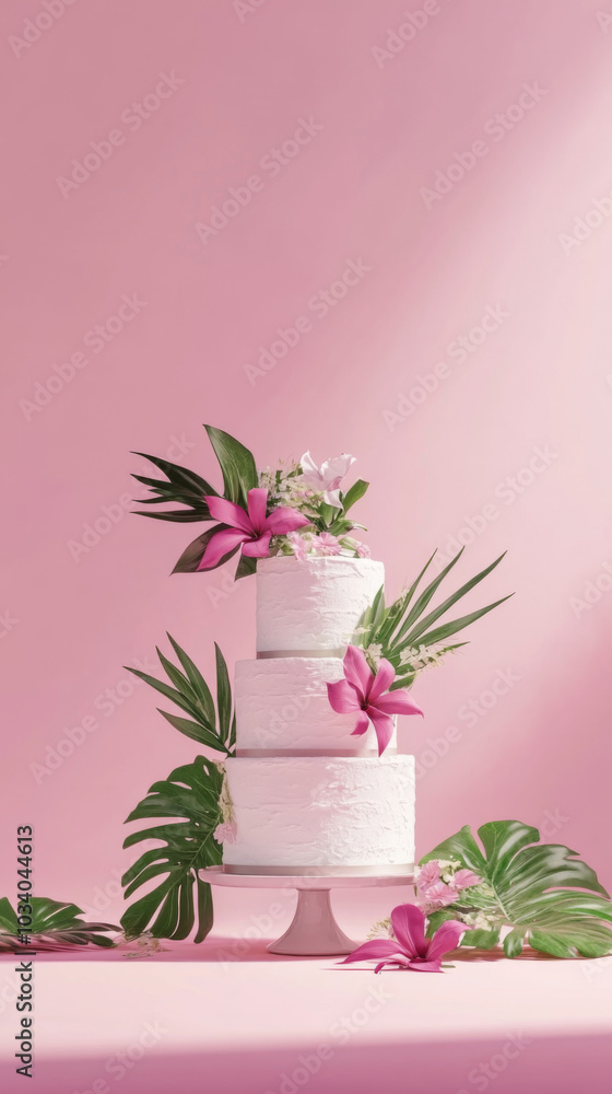 Obraz premium Tropical wedding floral cake with vibrant flowers on solid color background, copy space