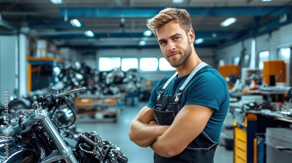 Confident Mechanic in Blue Uniform Working in Auto Repair Workshop Confident Mechanic in Blue Uniform Working in Auto Repair Workshop