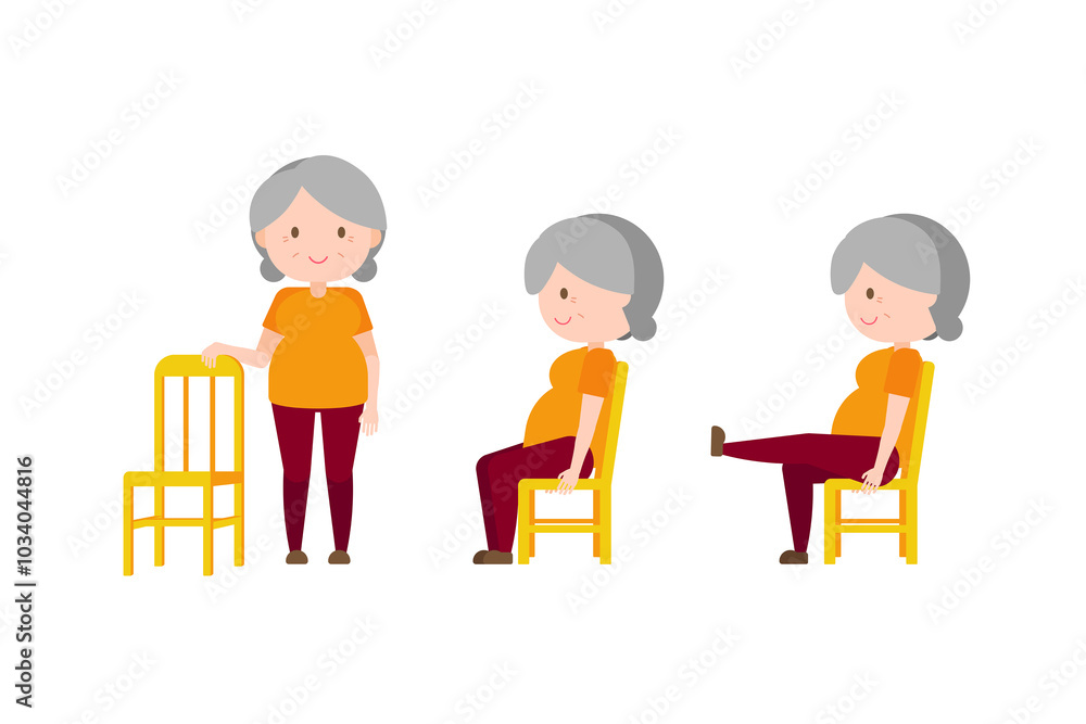 Illustration old woman exercise - Seated Leg Up Illustration old woman exercise - Seated Leg Up
