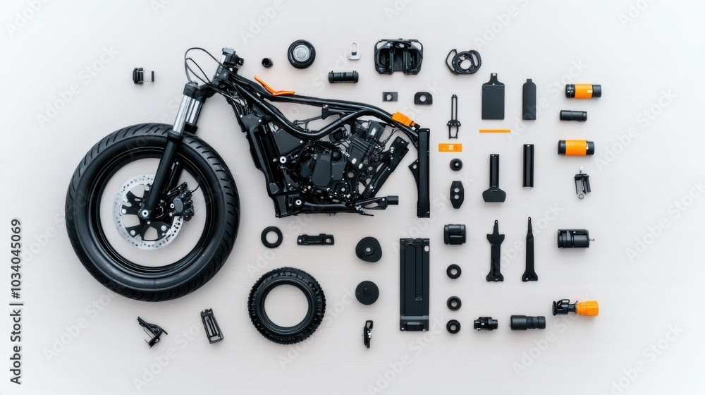 Obraz premium Motorcycle Engine Parts Disassembled on Workbench with Tools