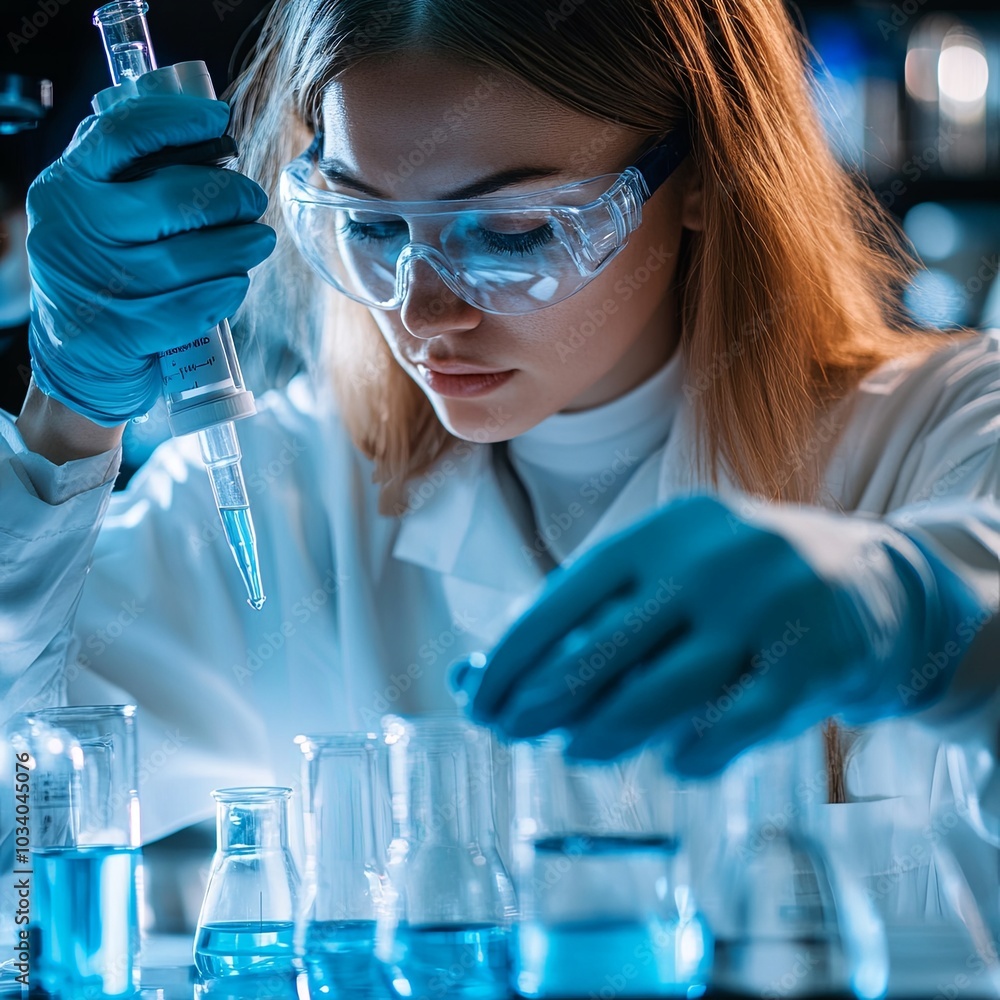 Woman research scientist biology chemistry medicine pouring liquid from beaker to test tube indoor science laboratory room, adult female person blue glove work discovery experiment medical chemist Woman research scientist biology chemistry medicine pouring liquid from beaker to test tube indoor science laboratory room, adult female person blue glove work discovery experiment medical chemist