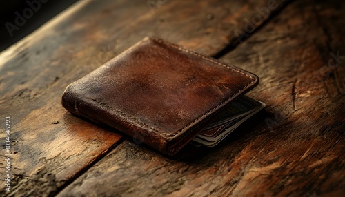 Leather Wallet with Cards on a Wooden Surface