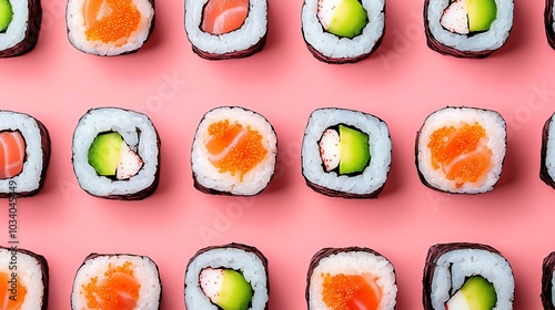 A conveyor belt with perfectly arranged sushi rolls, overhead shot, vibrant lighting