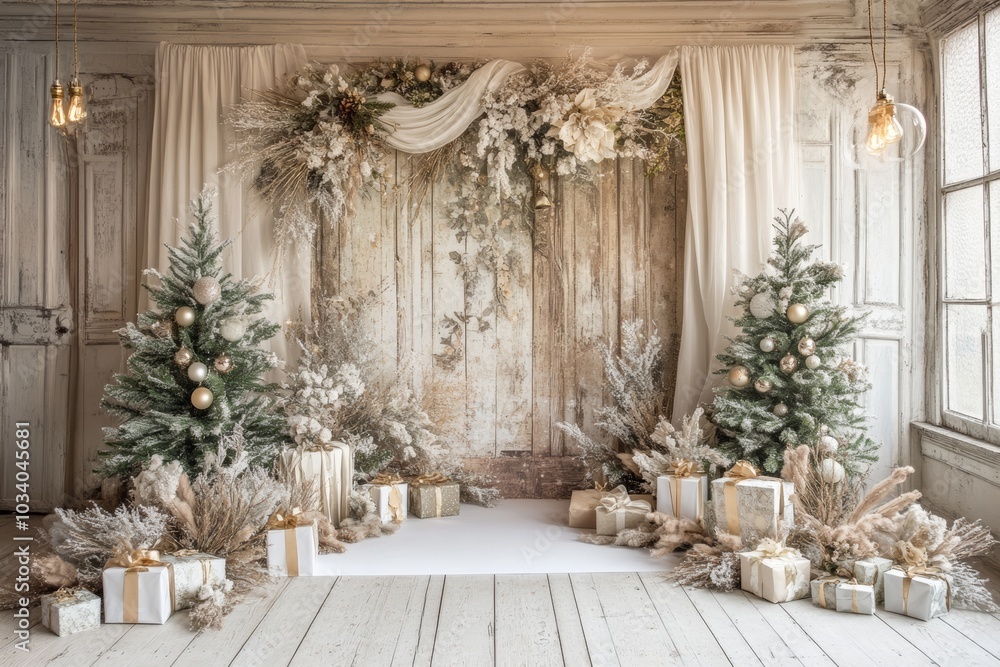 Low-angle Christmas backdrop with stars, presents, golden lights, and boho-draped green trees against a white wooden wall, dark vintage style. Low-angle Christmas backdrop with stars, presents, golden lights, and boho-draped green trees against a white wooden wall, dark vintage style.