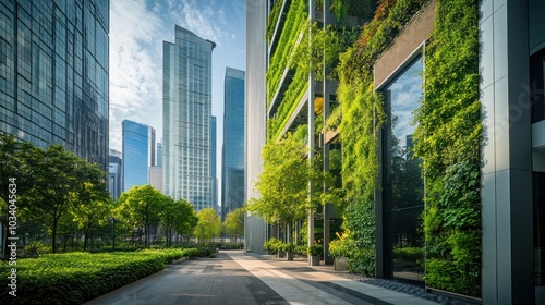 Modern city buildings with green walls and trees, sunny day.