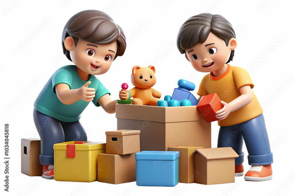 Kids Sorting and Packing Toys: Two Diligent Kids Showcase Organization and Teamwork in Candid Playful Photo Stock Concept Kids Sorting and Packing Toys: Two Diligent Kids Showcase Organization and Teamwork in Candid Playful Photo Stock Concept