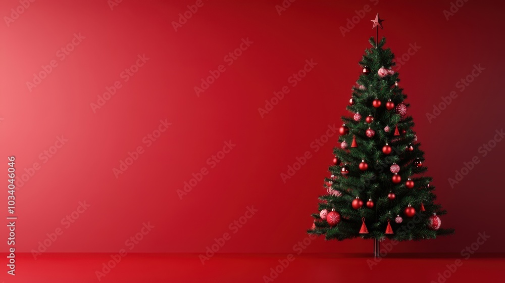 3D illustration of a festive Christmas tree with decorations on a red background, perfect for holiday and seasonal themes. 3D illustration of a festive Christmas tree with decorations on a red background, perfect for holiday and seasonal themes.