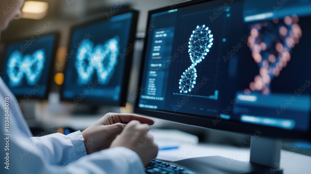3D visualization of DNA structures on digital screens in a modern biotech research facility 3D visualization of DNA structures on digital screens in a modern biotech research facility
