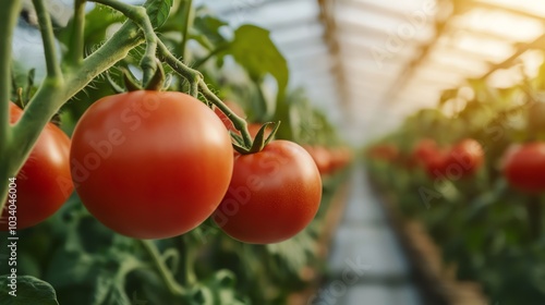 Wallpaper Mural AIpowered machines harvesting ripe tomatoes in a vast greenhouse, golden hour light, wideangle view Torontodigital.ca