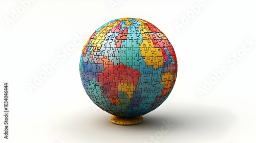 3D Policy Puzzle Globe Concept: Interlocking Policy Pieces Illustration, Zooming In on Detailed Icons - Isolated on White Background for Global Policy Information