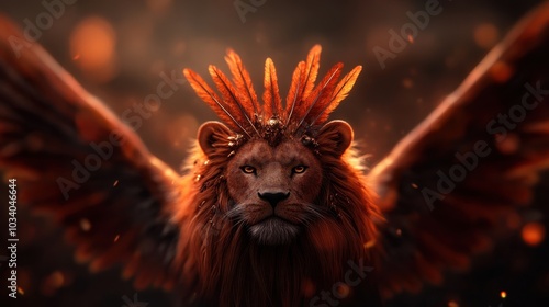 A majestic Manticore lion with fiery, crown-like feathers stands against a smoky backdrop. Its intense gaze and flowing mane embody strength and regality, symbolizing power and nobility. photo