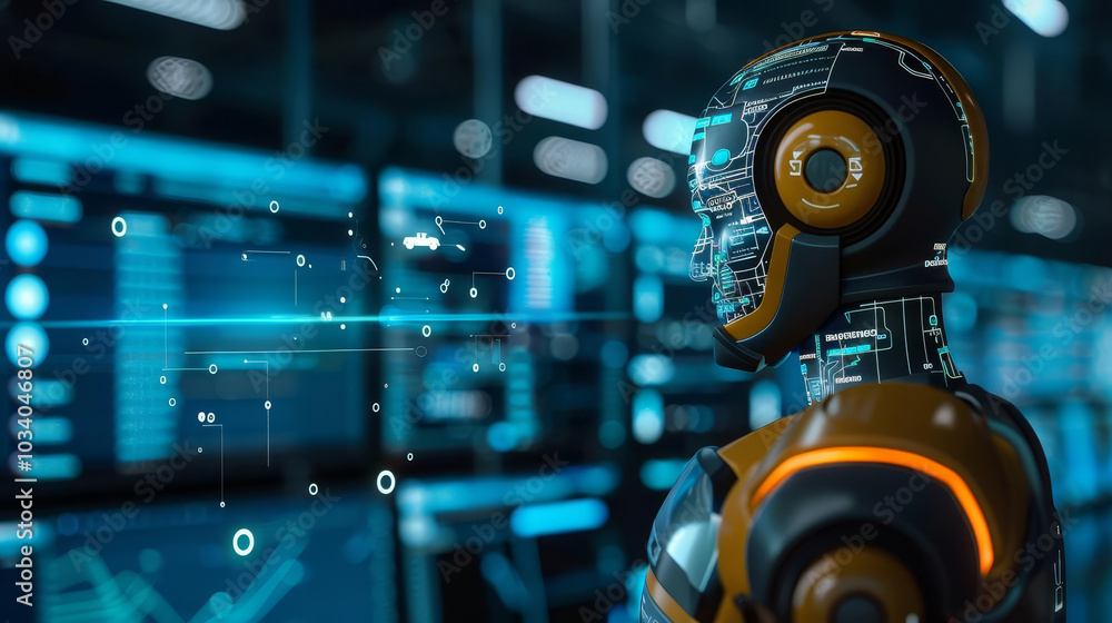 A sleek humanoid robot with a shiny metallic exterior and vibrant blue and orange circuitry interacts with holographic data in a high-tech control room filled with glowing screens. A sleek humanoid robot with a shiny metallic exterior and vibrant blue and orange circuitry interacts with holographic data in a high-tech control room filled with glowing screens.
