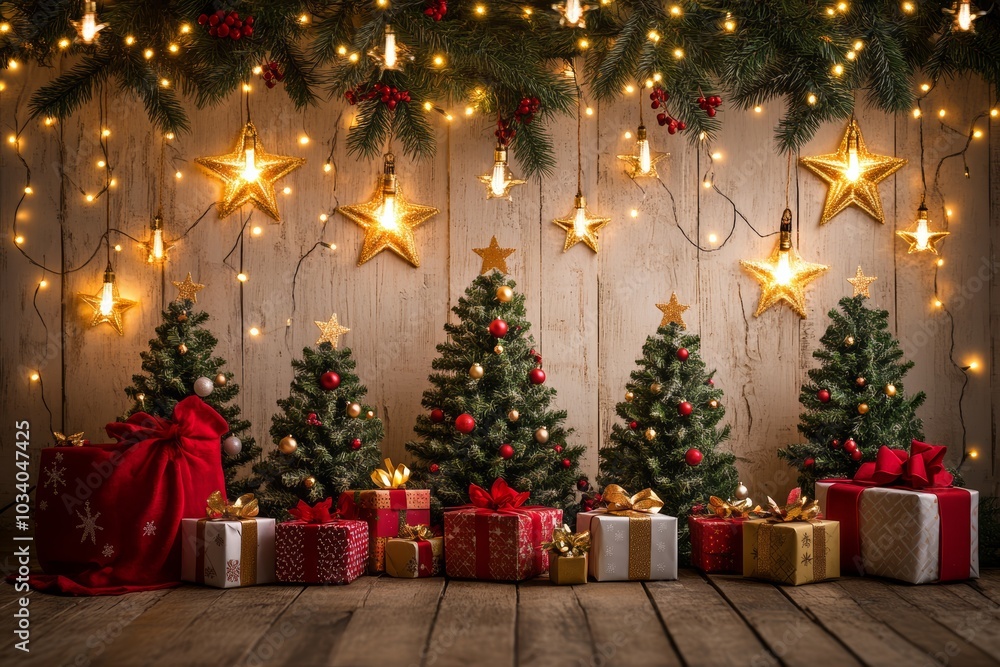 Low-angle Christmas backdrop with stars, presents, golden lights, and boho-draped green trees against a white wooden wall, dark vintage style. Low-angle Christmas backdrop with stars, presents, golden lights, and boho-draped green trees against a white wooden wall, dark vintage style.