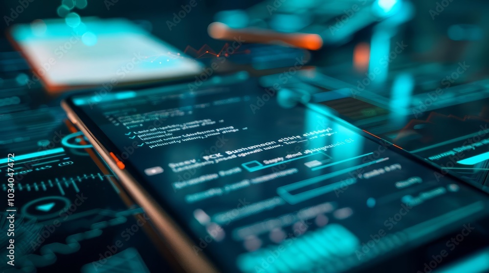 Fototapeta premium Close-up of a smartphone displaying code on a futuristic interface.