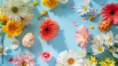 Easter eggs and spring flowers arranged on a pastel blue background.