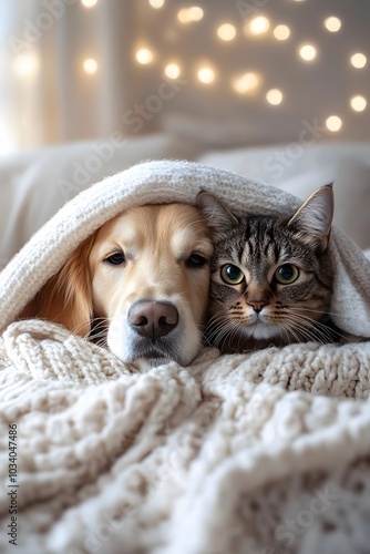 Dog and cat cuddled under a blanket with Christmas lights in background